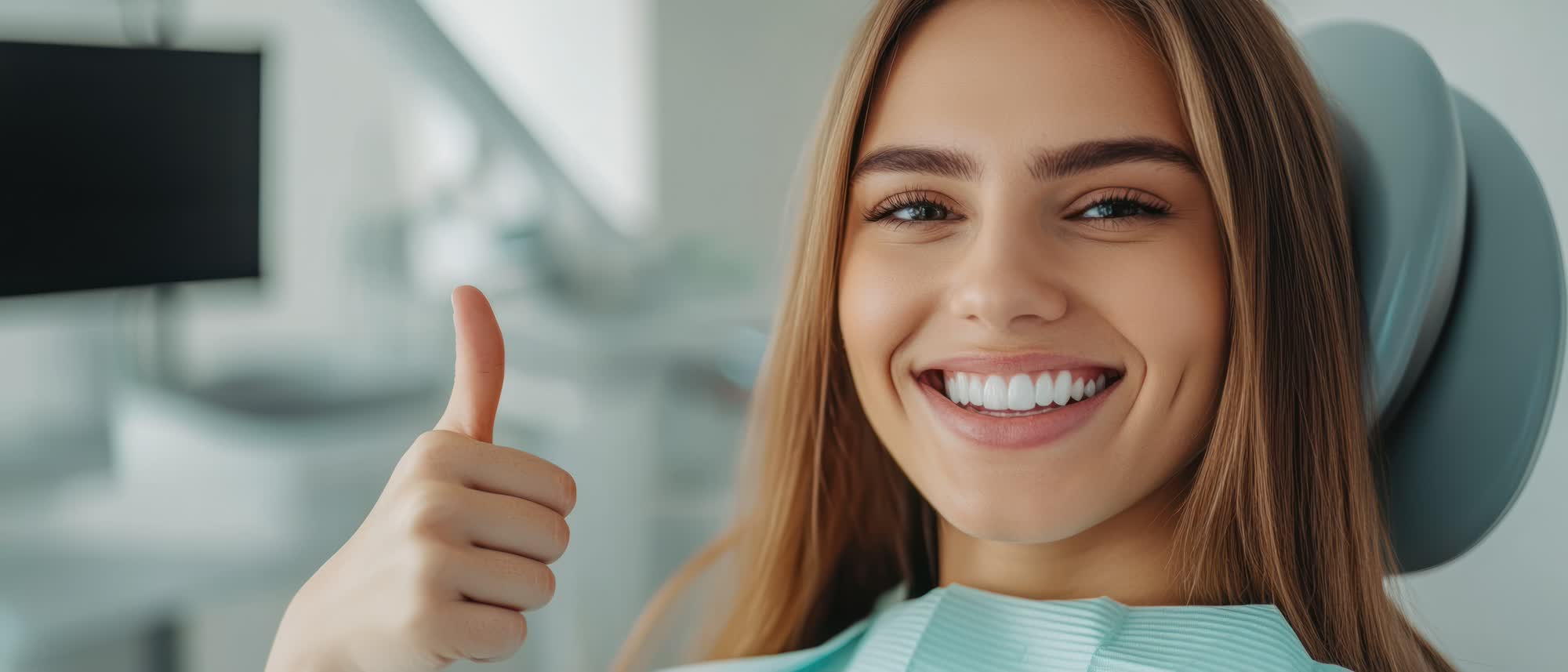 Image features a woman with a thumbs-up gesture, likely in a dental office setting, smiling at the camera while wearing a protective mask over her mouth.